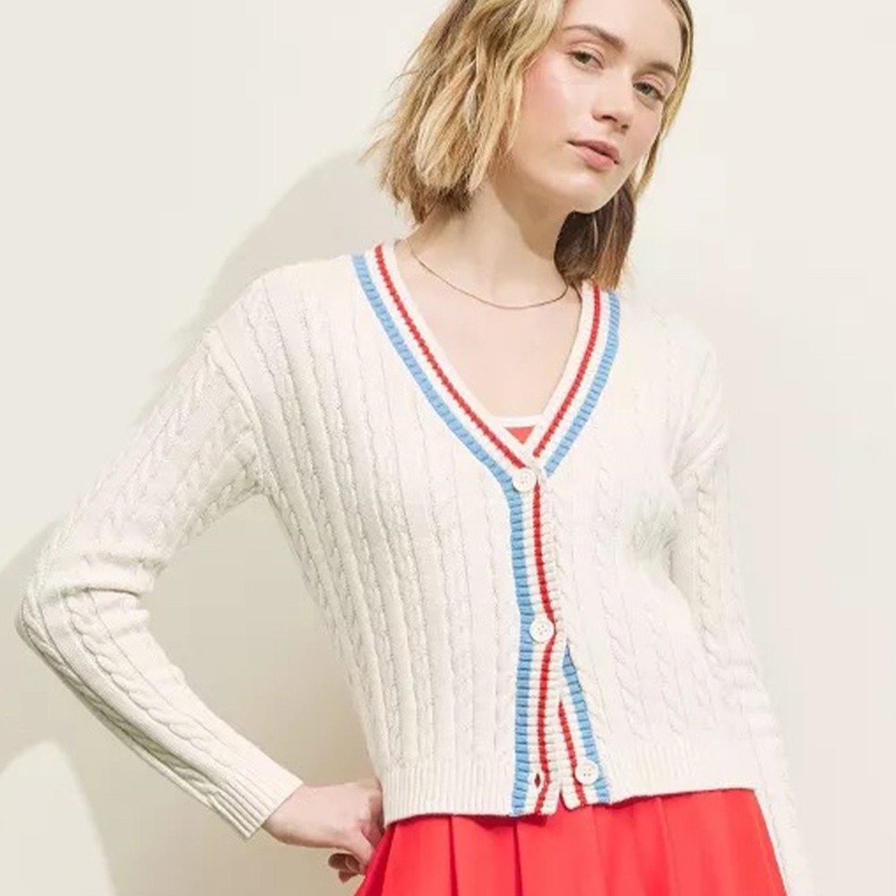 Prince Pickleball‎ Womens Cream Cable Knit Cardigan Sweater Red Blue Trim Size M
